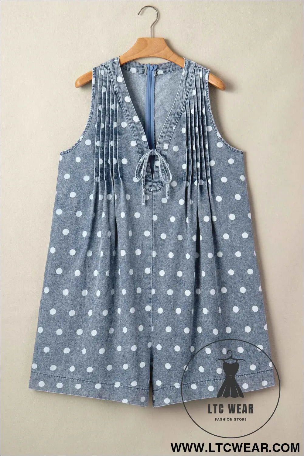 Sky Blue Polka Dot Print Tie V Neck Pleated Loose Denim Romper