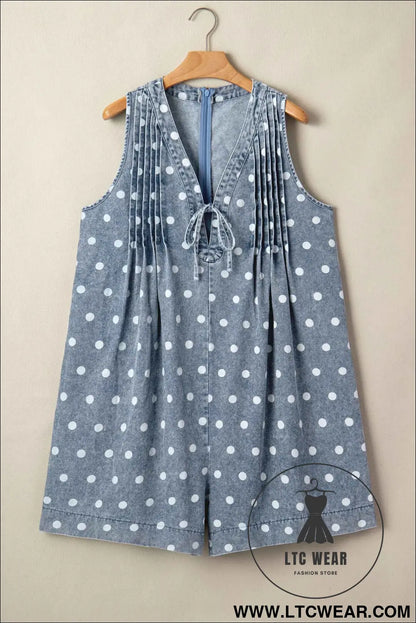 Sky Blue Polka Dot Print Tie V Neck Pleated Loose Denim Romper