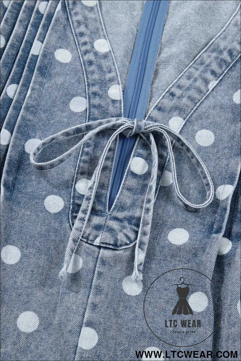 Sky Blue Polka Dot Print Tie V Neck Pleated Loose Denim Romper - L.T.C Wear Online Fashion Store