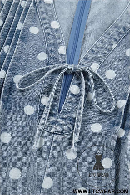 Sky Blue Polka Dot Print Tie V Neck Pleated Loose Denim Romper - L.T.C Wear Online Fashion Store