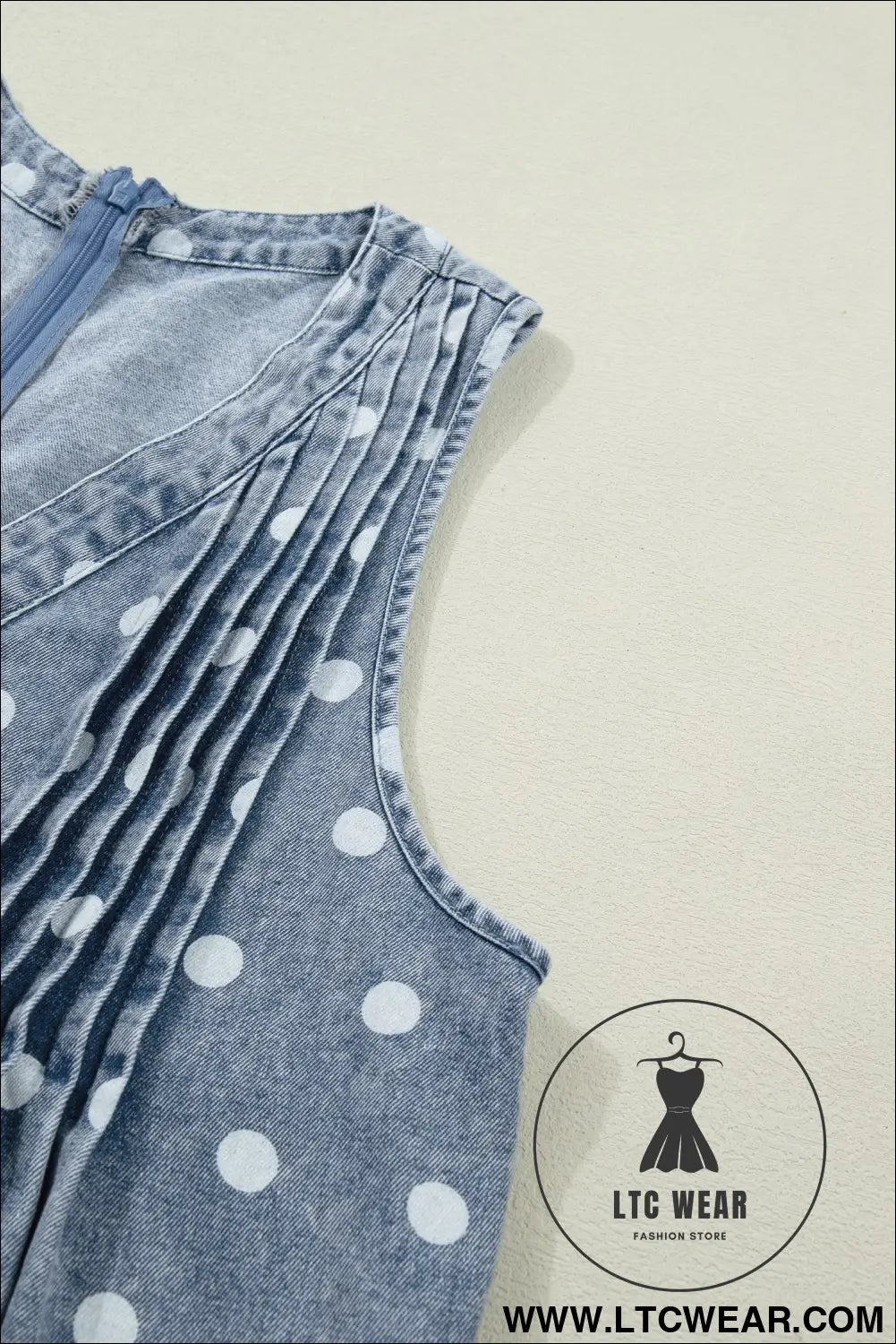 Sky Blue Polka Dot Print Tie V Neck Pleated Loose Denim Romper - L.T.C Wear Online Fashion Store