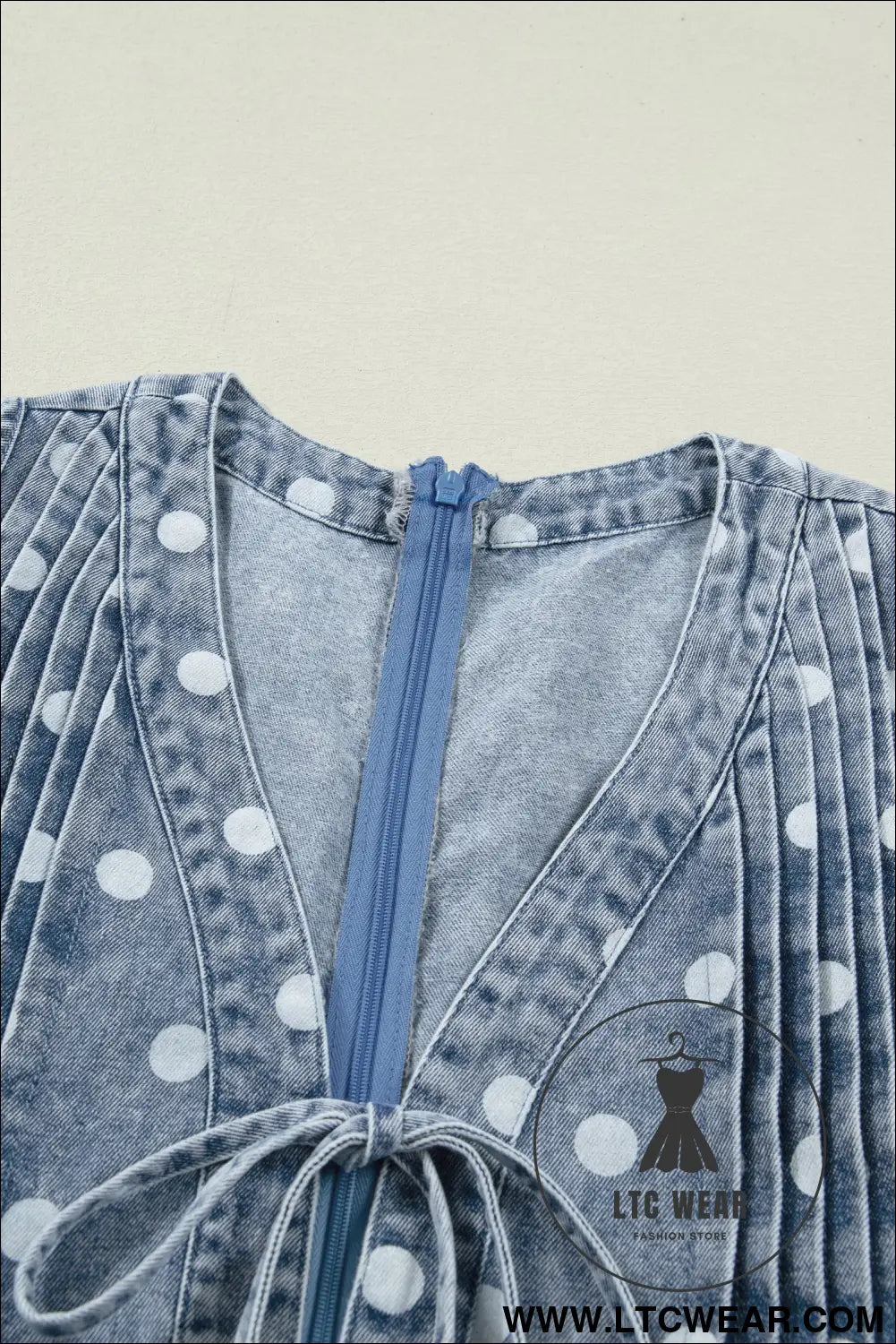 Sky Blue Polka Dot Print Tie V Neck Pleated Loose Denim Romper - L.T.C Wear Online Fashion Store
