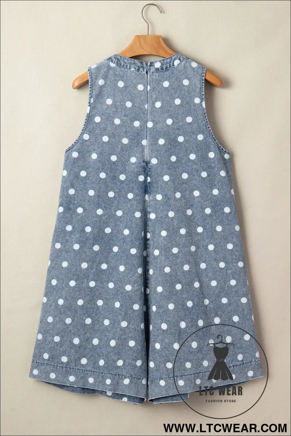 Sky Blue Polka Dot Print Tie V Neck Pleated Loose Denim Romper - L.T.C Wear Online Fashion Store