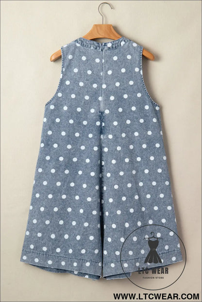 Sky Blue Polka Dot Print Tie V Neck Pleated Loose Denim Romper - L.T.C Wear Online Fashion Store