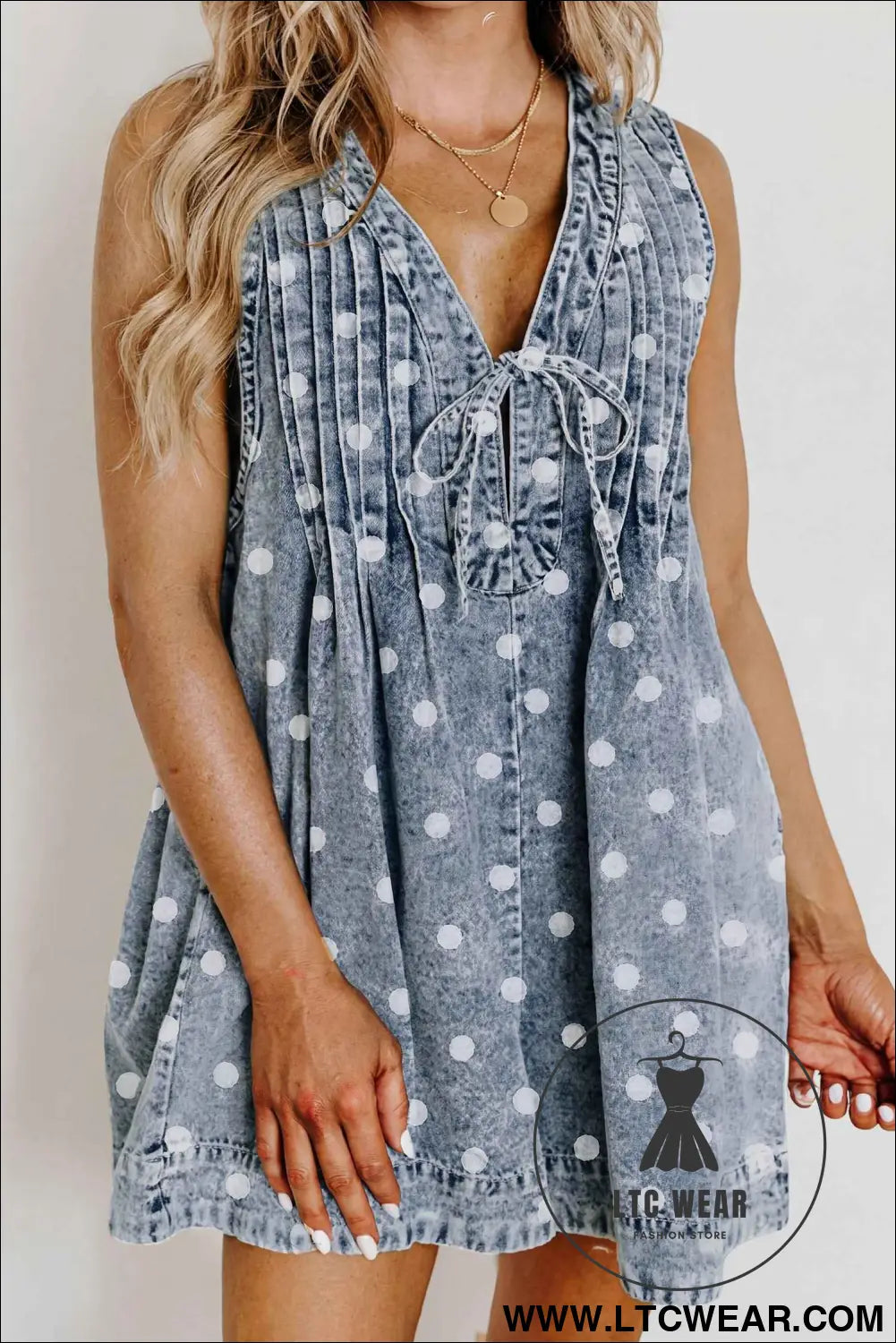 Sky Blue Polka Dot Print Tie V Neck Pleated Loose Denim Romper