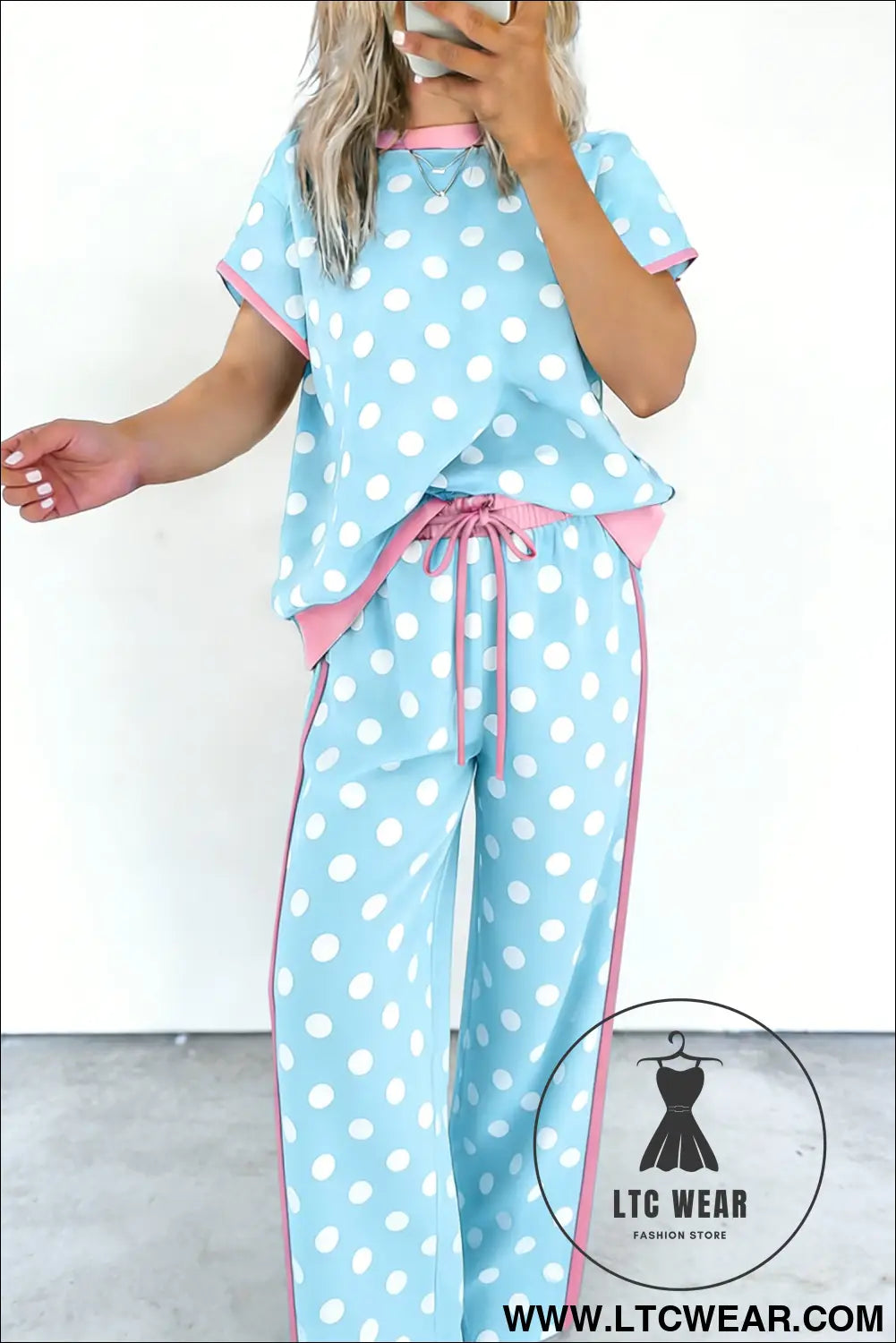 Sky blue polka dot short sleeve top and pants set - sky blue / l / 95% polyester + 5% elastane - pant sets