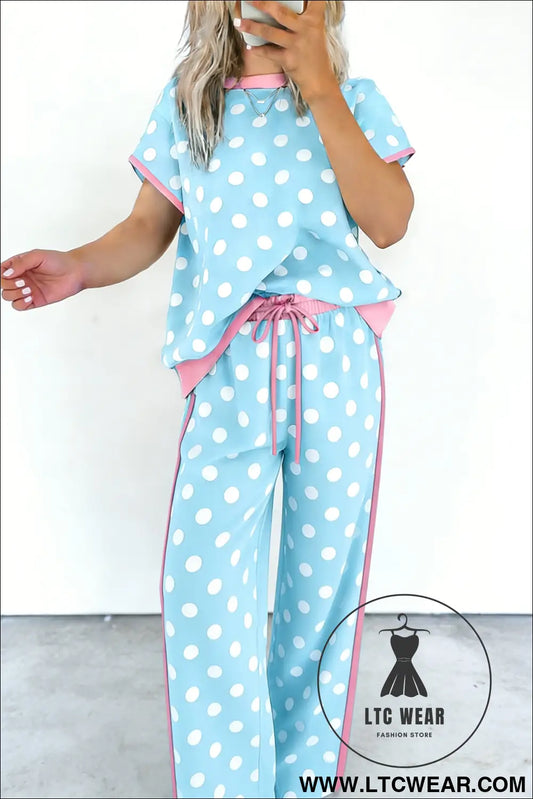 Sky blue polka dot short sleeve top and pants set - sky blue / l / 95% polyester + 5% elastane - pant sets