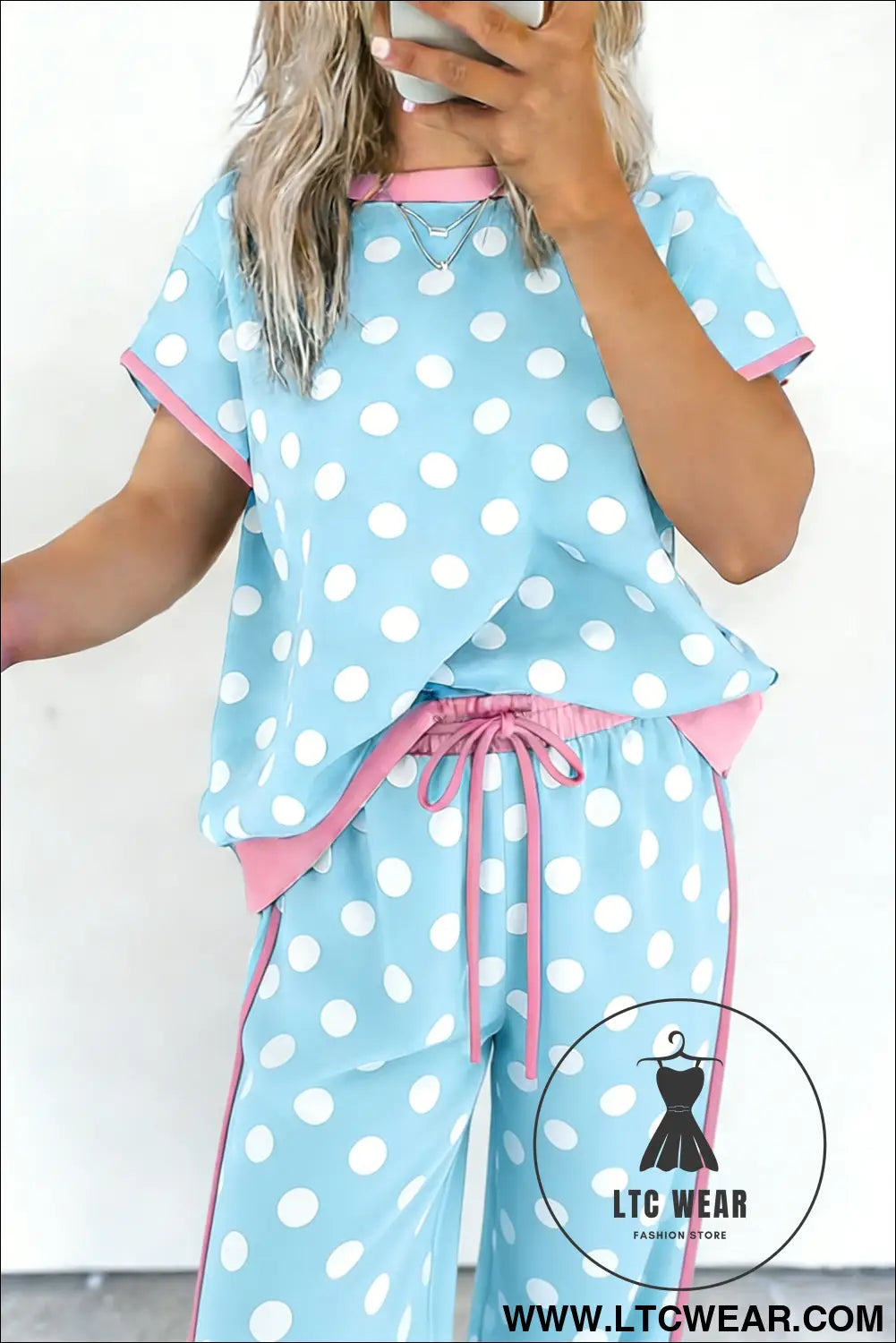 Sky blue polka dot short sleeve top and pants set - pant sets