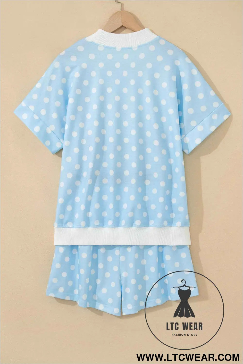 Sky Blue Polka Dot USA Chenille Lettering High Neck Short Sleeve Casual Shorts Set
