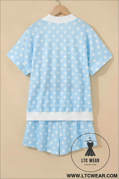 Sky Blue Polka Dot USA Chenille Lettering High Neck Short Sleeve Casual Shorts Set