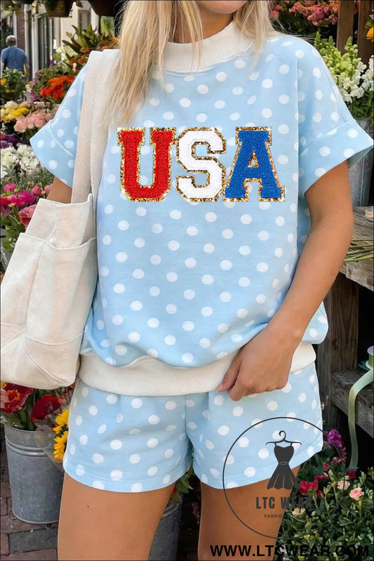 Sky Blue Polka Dot USA Chenille Lettering High Neck Short Sleeve Casual Shorts Set