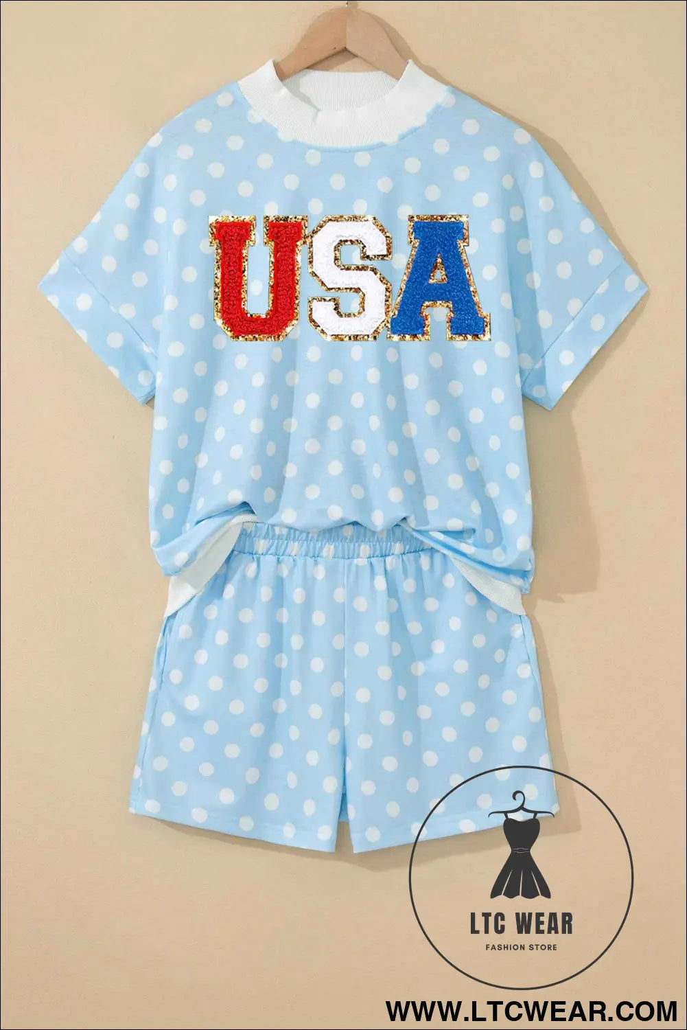 Sky Blue Polka Dot USA Chenille Lettering High Neck Short Sleeve Casual Shorts Set