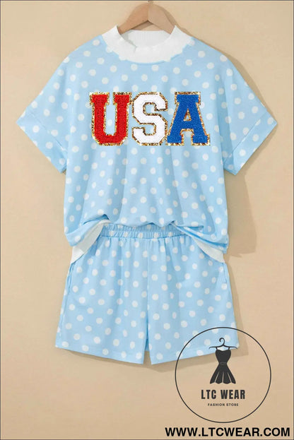Sky Blue Polka Dot USA Chenille Lettering High Neck Short Sleeve Casual Shorts Set