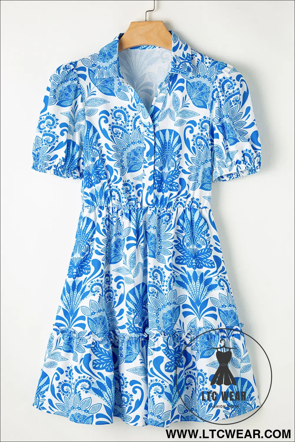 Sky Blue Retro Floral Print Drawstring Waist Ruffled Mini Dress - L.T.C Wear Online Fashion Store