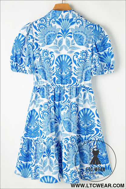 Sky Blue Retro Floral Print Drawstring Waist Ruffled Mini Dress - L.T.C Wear Online Fashion Store