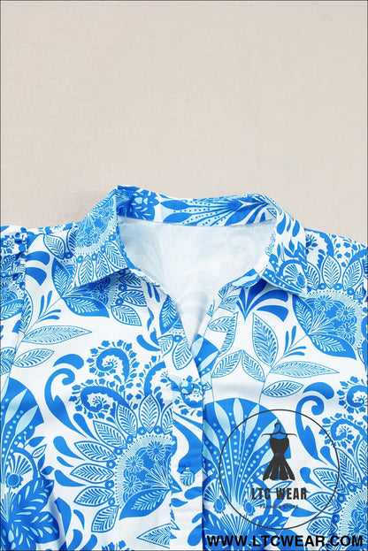 Sky Blue Retro Floral Print Drawstring Waist Ruffled Mini Dress - L.T.C Wear Online Fashion Store