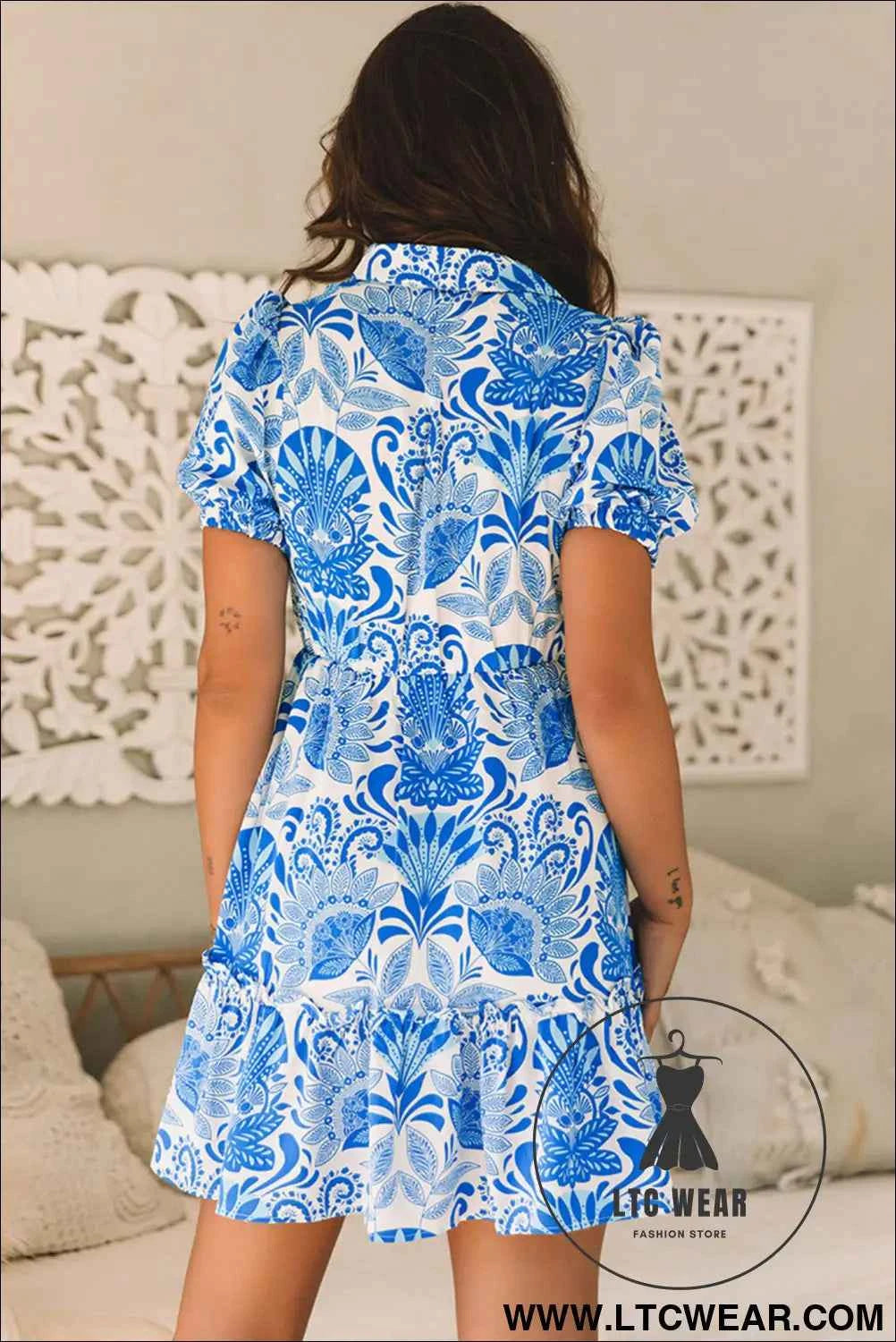 Sky Blue Retro Floral Print Drawstring Waist Ruffled Mini Dress