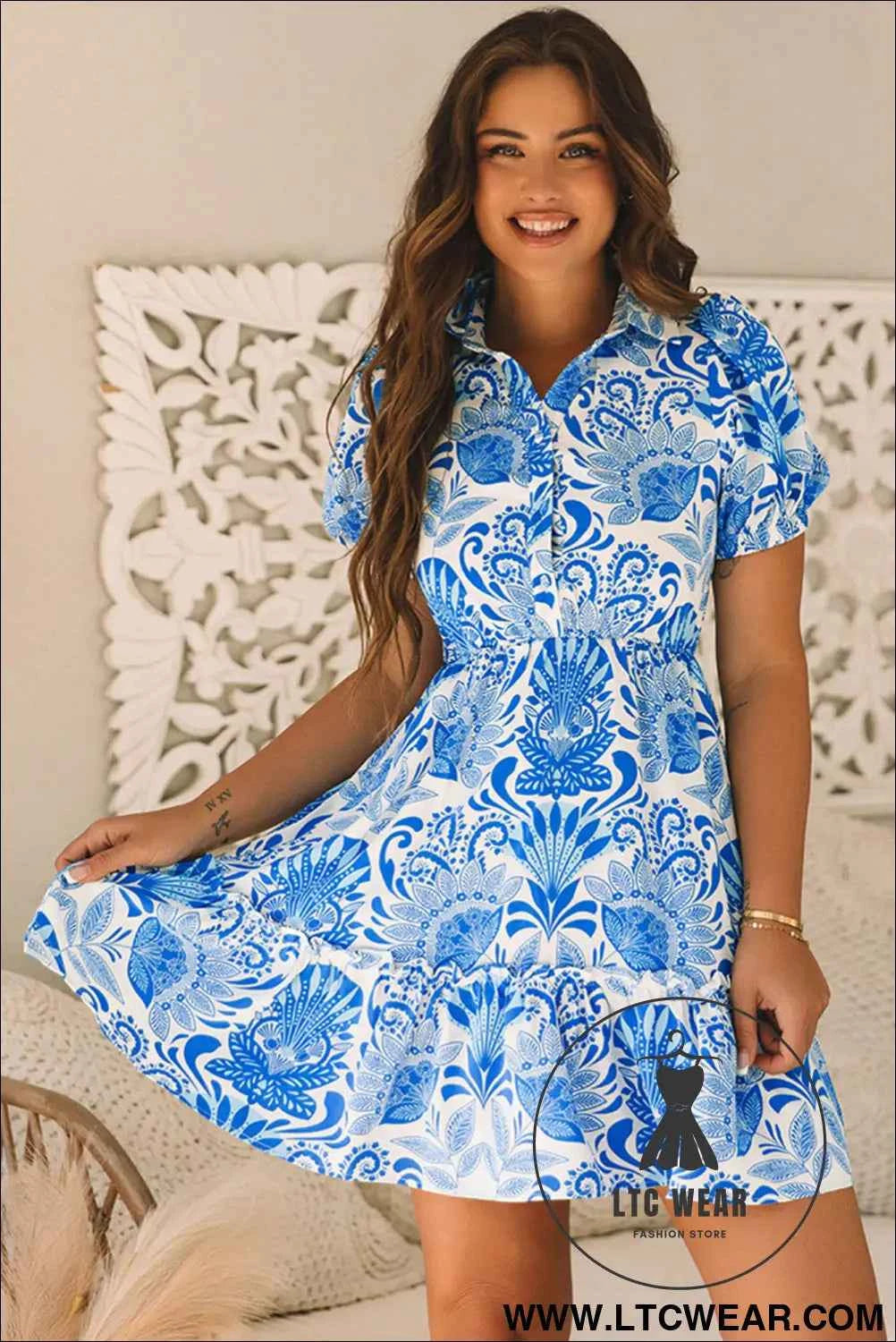 Sky Blue Retro Floral Print Drawstring Waist Ruffled Mini Dress