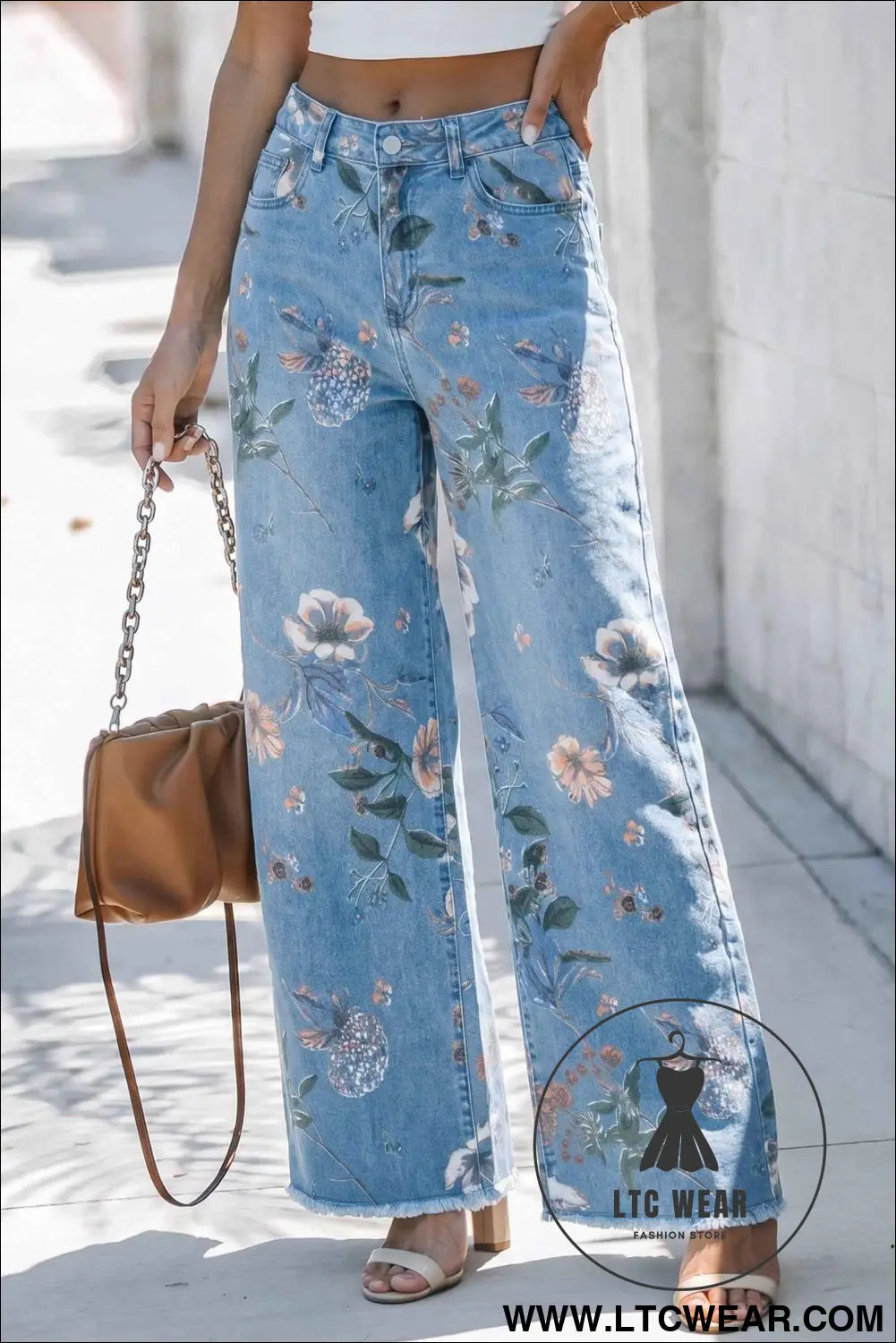 Sky Blue Retro Floral Print Frayed Hem Shift Jeans
