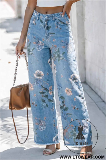Sky Blue Retro Floral Print Frayed Hem Shift Jeans