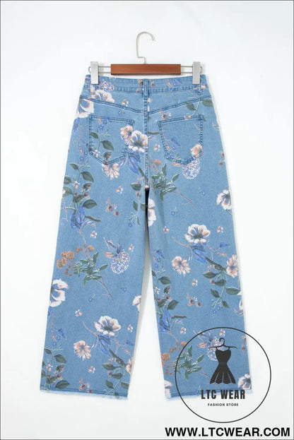 Sky Blue Retro Floral Print Frayed Hem Shift Jeans - L.T.C Wear Online Fashion Store