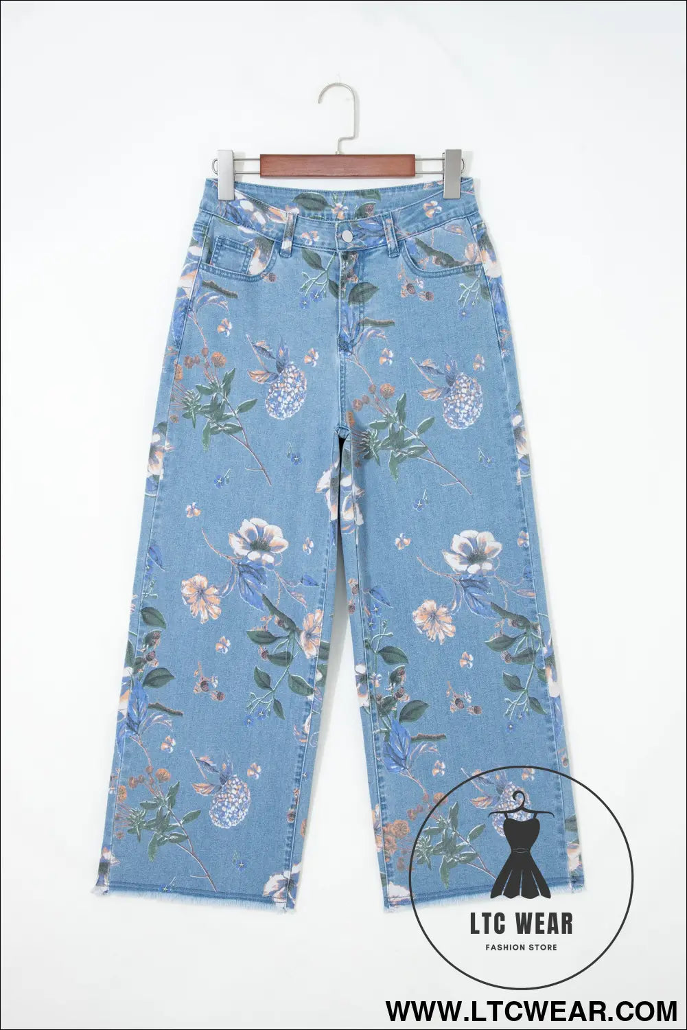 Sky Blue Retro Floral Print Frayed Hem Shift Jeans - L.T.C Wear Online Fashion Store