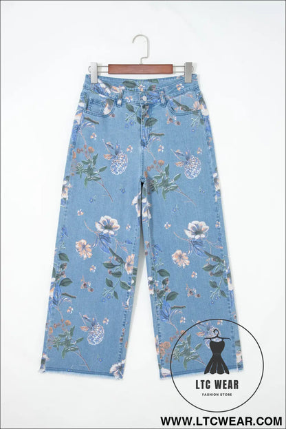 Sky Blue Retro Floral Print Frayed Hem Shift Jeans - L.T.C Wear Online Fashion Store