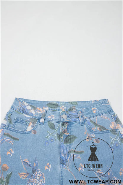 Sky Blue Retro Floral Print Frayed Hem Shift Jeans - L.T.C Wear Online Fashion Store