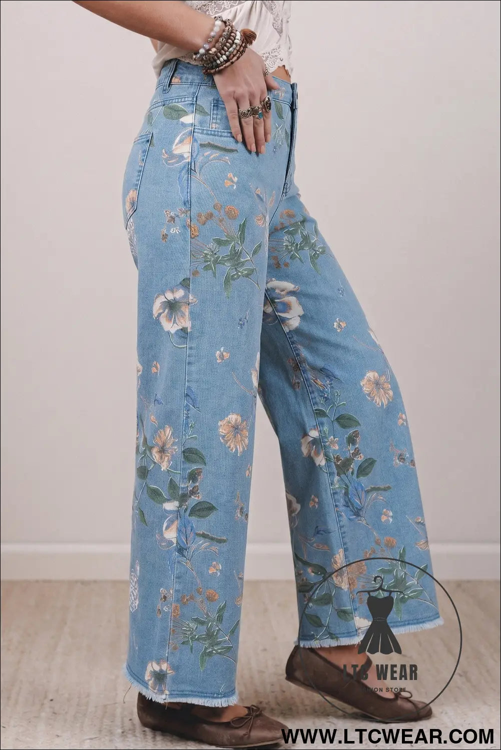 Sky Blue Retro Floral Print Frayed Hem Shift Jeans - L.T.C Wear Online Fashion Store