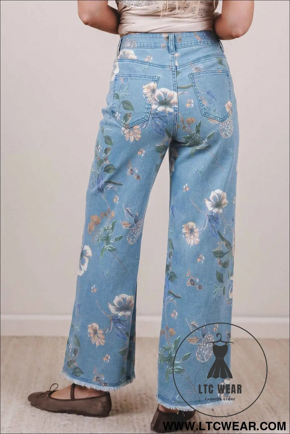 Sky Blue Retro Floral Print Frayed Hem Shift Jeans