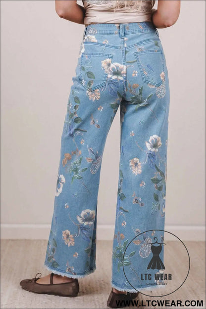 Sky Blue Retro Floral Print Frayed Hem Shift Jeans