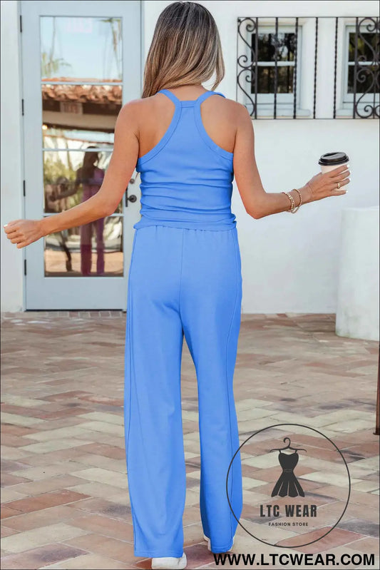 Sky Blue Slim Ribbed Tank Top and Sweatpants Set