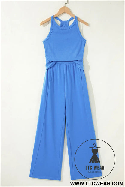 Sky Blue Slim Ribbed Tank Top and Sweatpants Set - L.T.C Wear Online Fashion Store