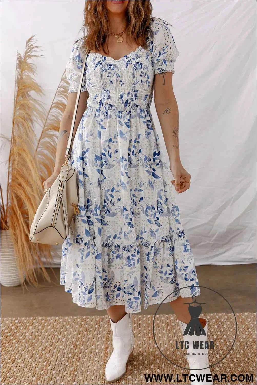 Sky Blue Smocked Bodice Short Puff Sleeve Tiered Floral Midi Dress