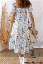 Sky Blue Smocked Bodice Short Puff Sleeve Tiered Floral Midi Dress