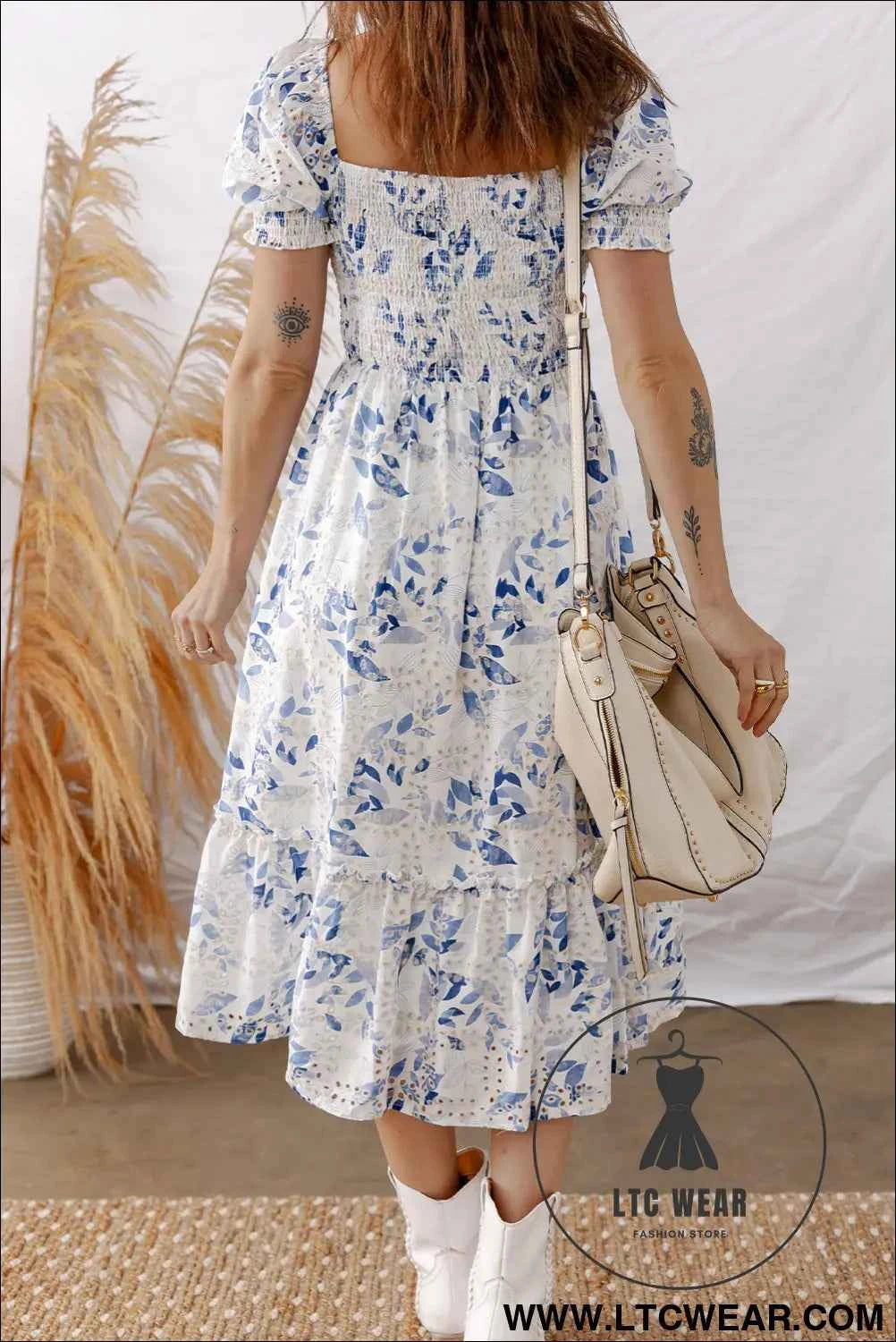 Sky Blue Smocked Bodice Short Puff Sleeve Tiered Floral Midi Dress