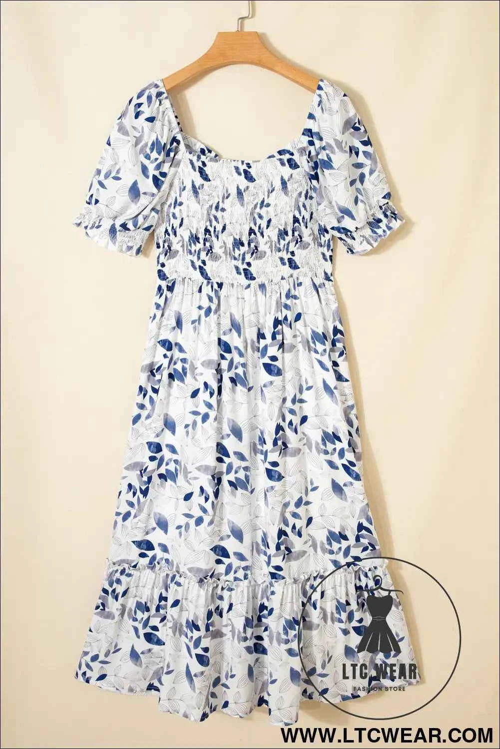 Sky Blue Smocked Bodice Short Puff Sleeve Tiered Floral Midi Dress