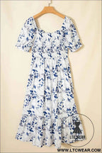 Sky Blue Smocked Bodice Short Puff Sleeve Tiered Floral Midi Dress
