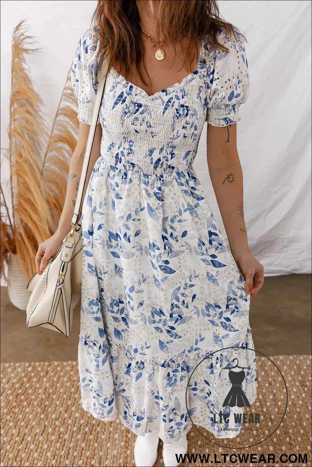 Sky Blue Smocked Bodice Short Puff Sleeve Tiered Floral Midi Dress