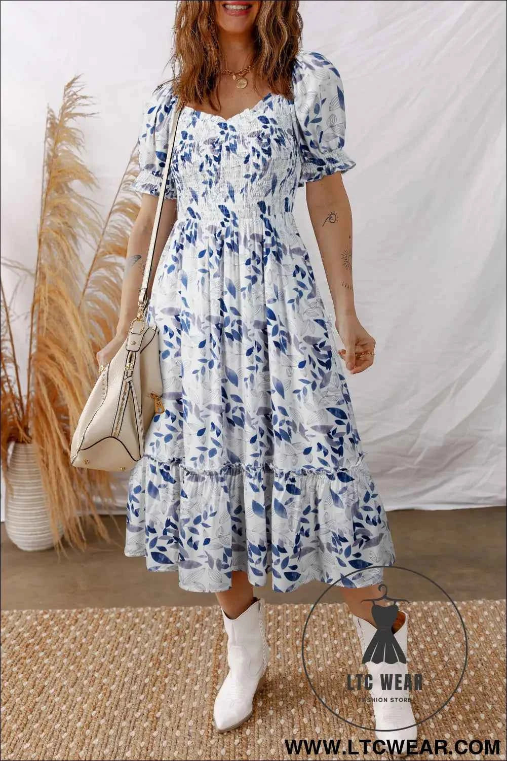 Sky Blue Smocked Bodice Short Puff Sleeve Tiered Floral Midi Dress