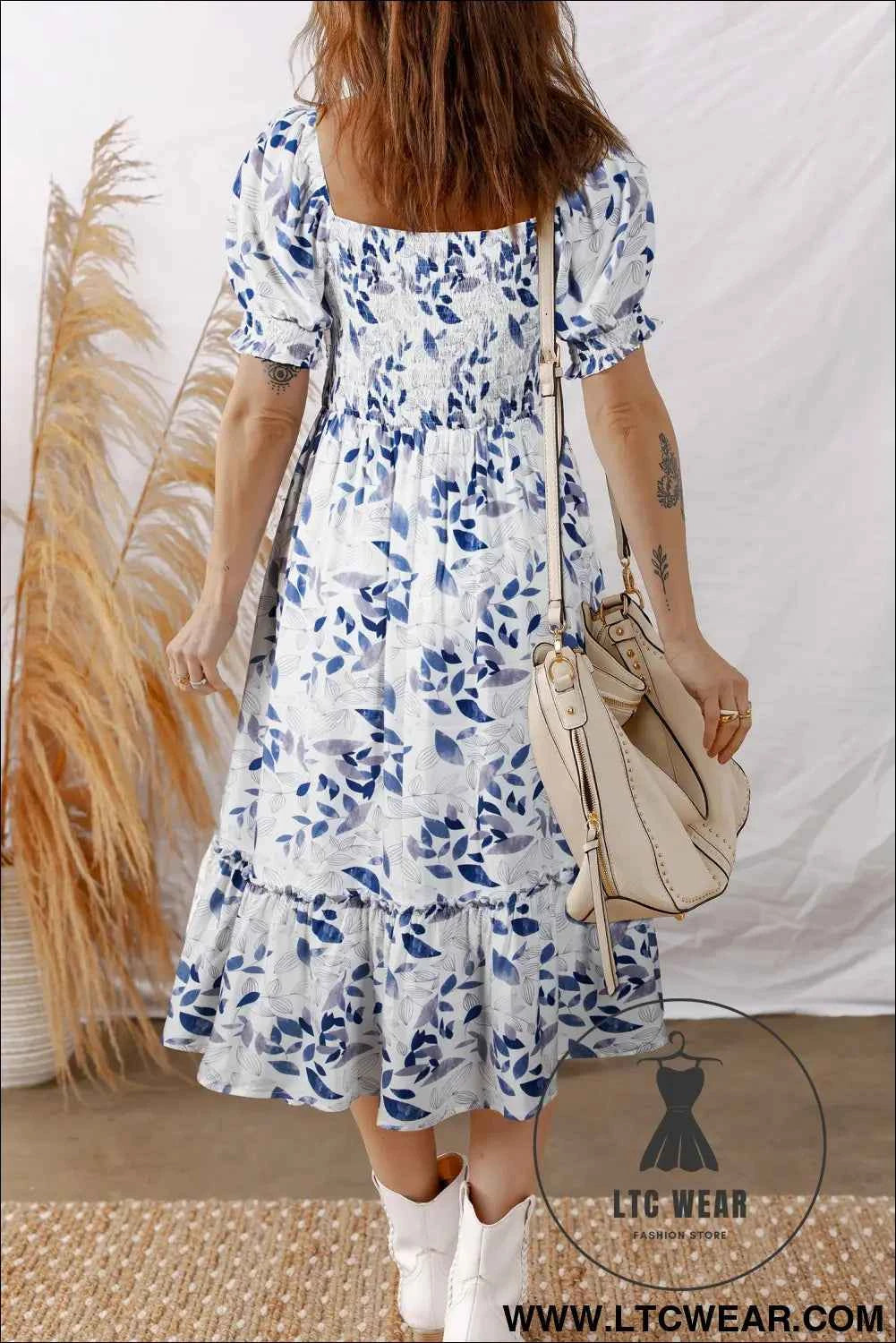 Sky Blue Smocked Bodice Short Puff Sleeve Tiered Floral Midi Dress
