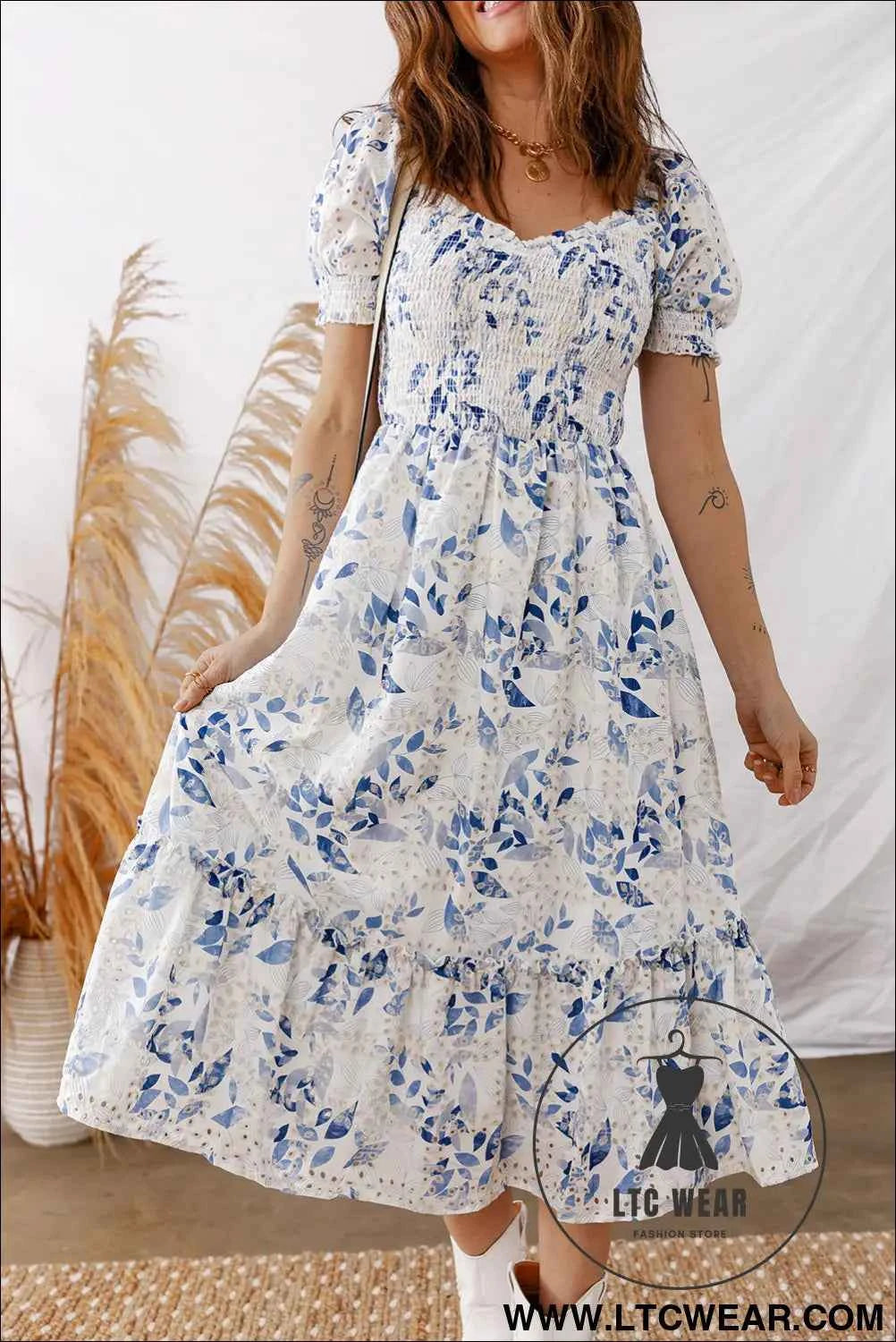 Sky Blue Smocked Bodice Short Puff Sleeve Tiered Floral Midi Dress