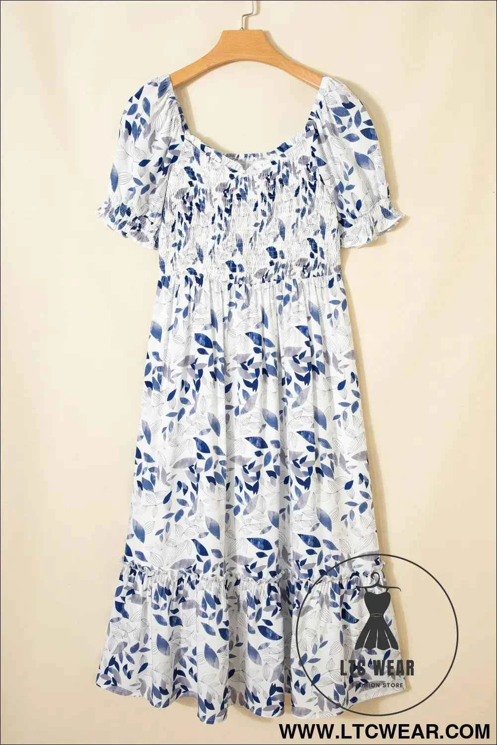 Sky Blue Smocked Bodice Short Puff Sleeve Tiered Floral Midi Dress