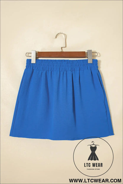 Sky blue solid color elastic waist casual skort - casual shorts