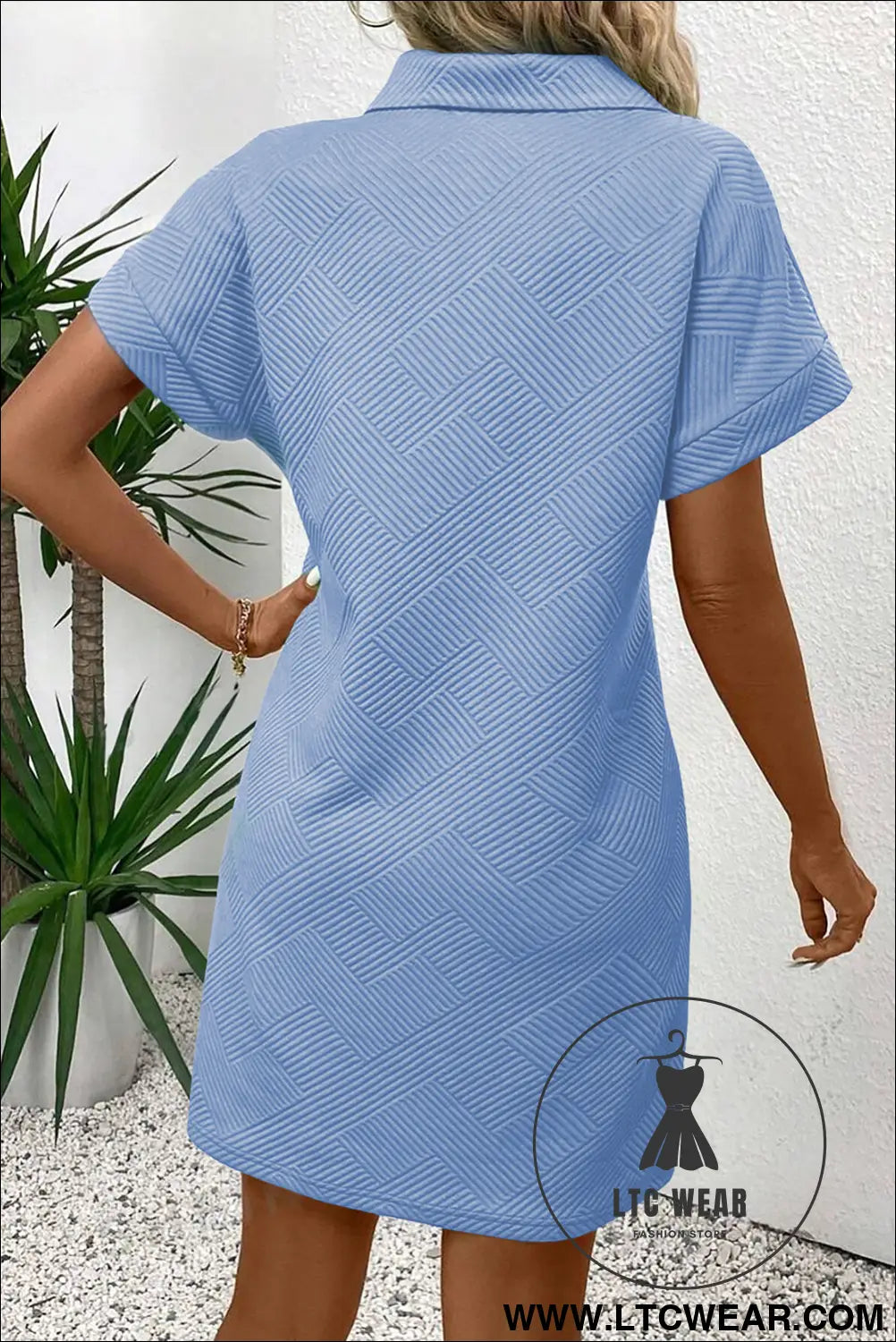 Sky blue solid color textured short sleeve a line mini dress - mini dresses