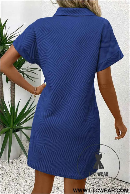 Sky Blue Solid Color Textured Short Sleeve A Line Mini Dress