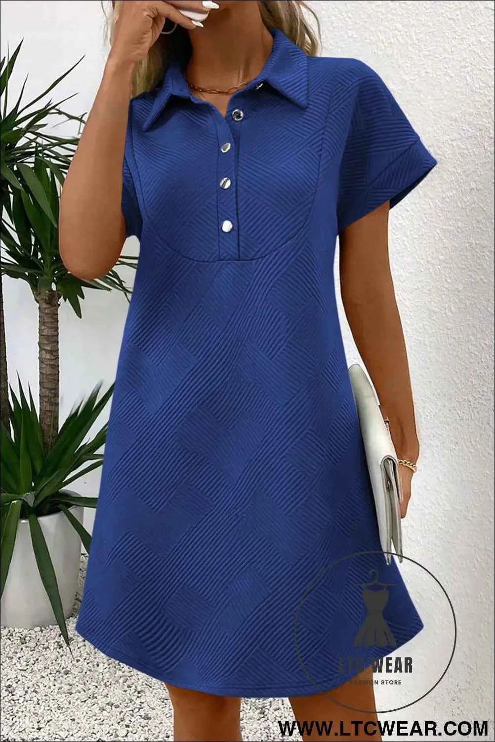 Sky Blue Solid Color Textured Short Sleeve A Line Mini Dress