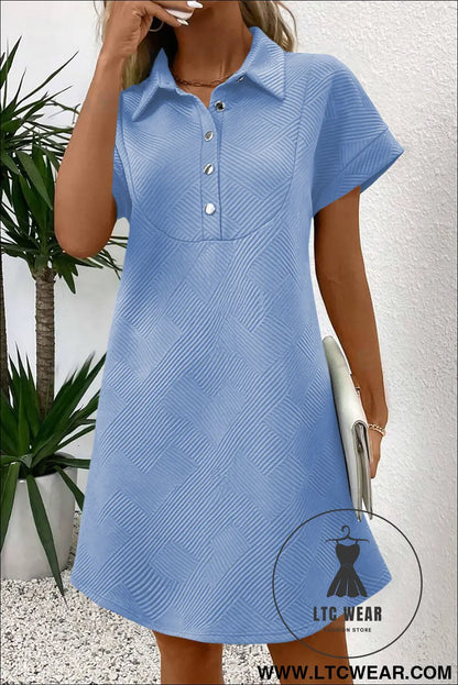 Sky blue solid color textured short sleeve a line mini dress - mini dresses
