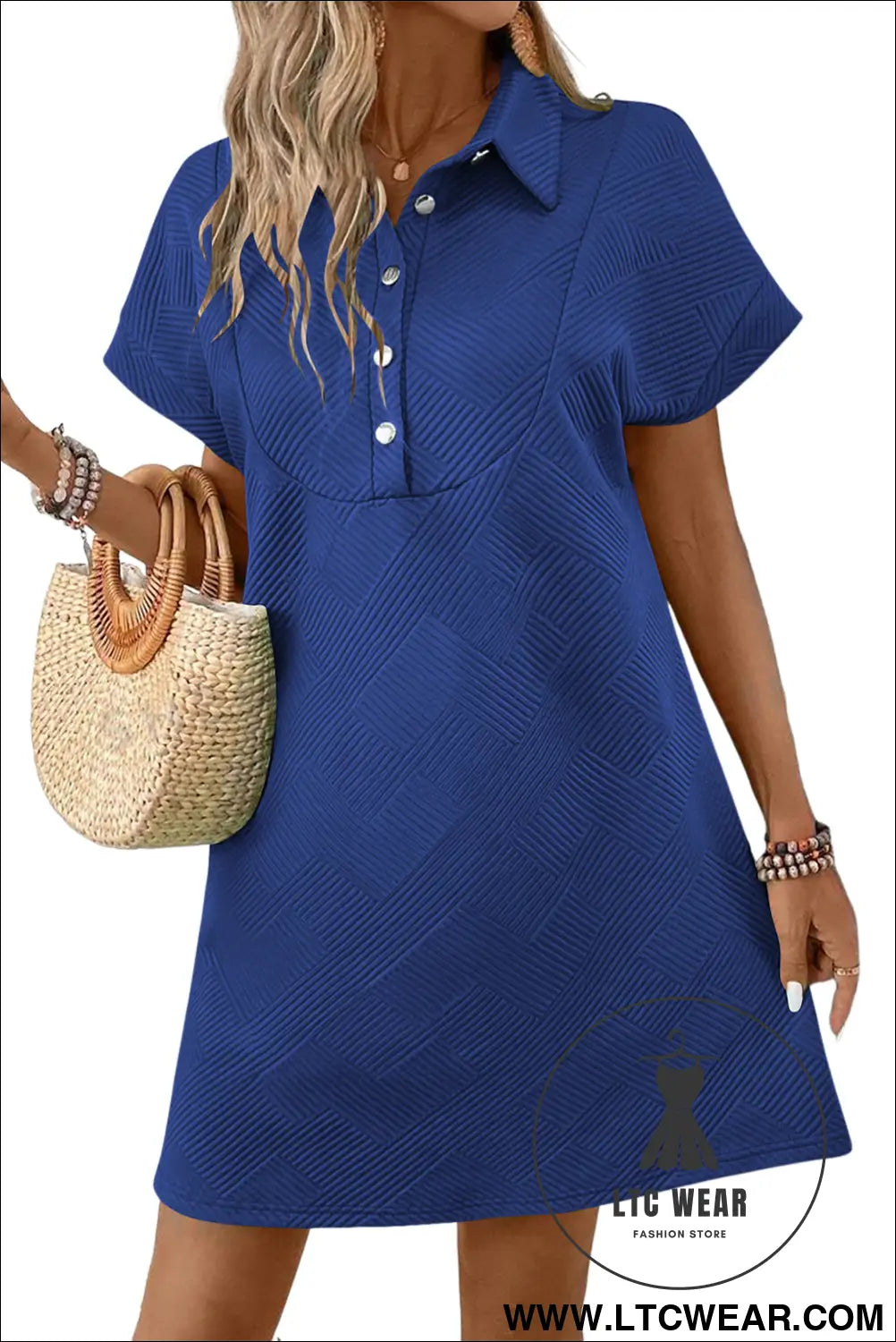 Sky blue solid color textured short sleeve a line mini dress - mini dresses