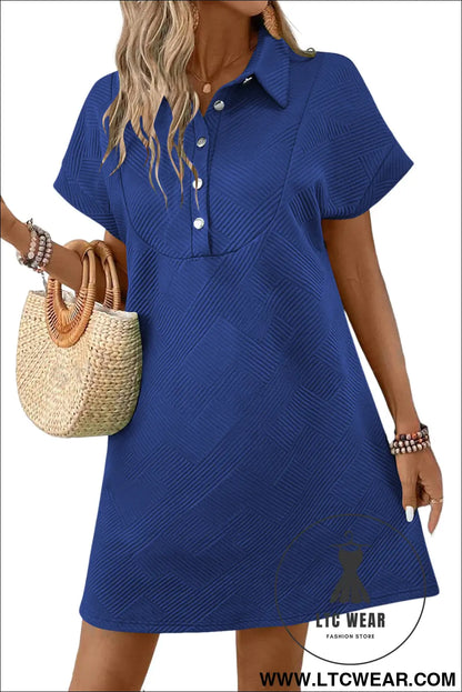 Sky blue solid color textured short sleeve a line mini dress - mini dresses